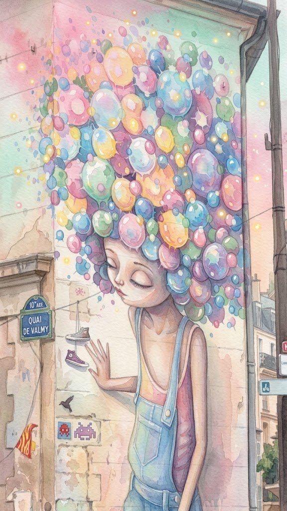 Fresque murale représentant une silhouette dont la tête se prolonge en une multitude de bulles colorées, illustration de l'hypersensibilité