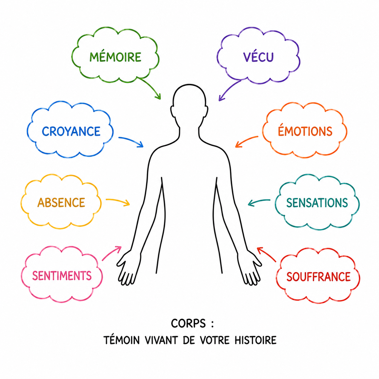 Schéma illustrant comment le corps porte la mémoire, le vécu, les croyances, les émotions, les sensations et les sentiments qui n'ont pas pu être exprimés